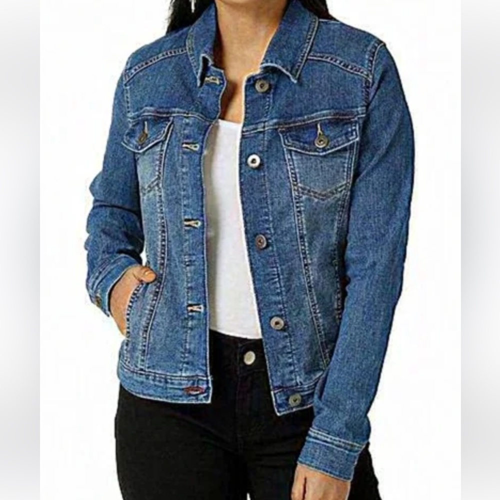 AVA & VIV Dark Medium Blue Classic Wash Cropped Denim Jean Jacket Size X
